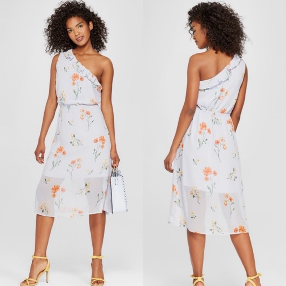 Who What Wear Floral One Shoulder Midi Dress